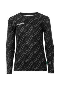 Zwart sportshirt met lange mouwen en grijze diagonale patronen. Gemaakt van synthetisch materiaal, heeft een ronde hals en een logo op de voorkant.