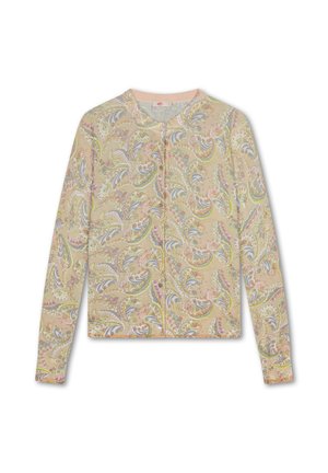 Blouse met lange mouwen en knopen, met een pastel paisley patroon in roze, blauw, groen en beige tinten op een lichte achtergrond.