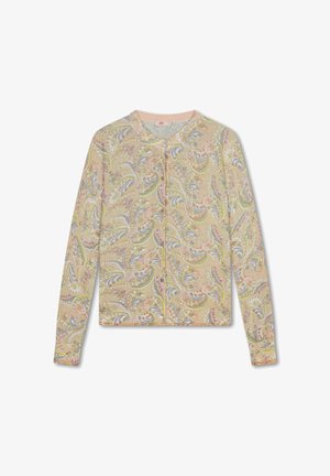 Blouse met lange mouwen en knopen, met een pastel paisley patroon in roze, blauw, groen en beige tinten op een lichte achtergrond.