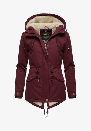Bordový parkový kabát so soft fleece podšívkou, nastaviteľnou kapucňou, sťahovacím pásom a dvoma prednými vreckami so zapínaním na gombíky.