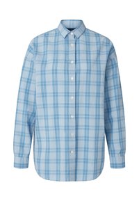 Světle modrá kostkovaná košile s dlouhým rukávem z bavlny, s klasickým límečkem a zapínáním na knoflíky, uvolněného střihu a zakřiveným lemem.