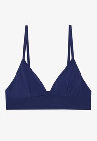 Bralet albastru marin în formă de triunghi, cu bretele subțiri și un bandou lat, realizat dintr-un material neted și elastic, fără padding sau sârmă de susținere.