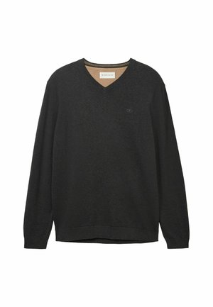 Crna V-izrez pulover s dugim rukavima, izrađen od meke, teksturirane tkanine. Ima suptilni logo na prsima te rebraste izreze oko vrata i rukava.