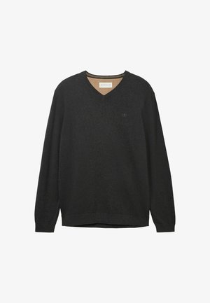 Mustmust V-kaelusega särk, millel on pikad varrukad, on valmistatud pehmest tekstuuriga kangast. Esiosas on diskreetne logo ning ribitud kaelus ja varrukaääred.