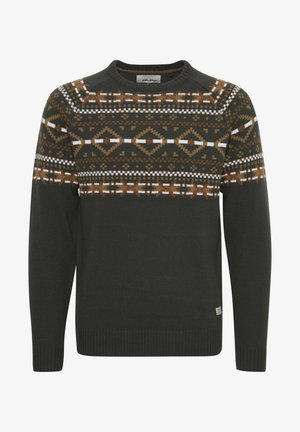 Dark green knit sweater featuring a multicolored geometric pattern across the chest. Ribbed cuffs and hem provide a fitted finish.