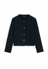 Marineblaue Jacke aus strukturiertem Stoff, runder Ausschnitt und goldfarbene Knöpfe. Verfügt über zwei Fronttaschen und lange Ärmel.