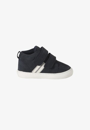 Navy suede high-top sneaker with two Velcro straps, white outsole, and zigzag accent on the side. Soft fabric lining for comfort.