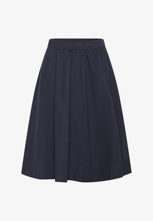 Falda azul marino de longitud hasta la rodilla, hecha de tela ligera con cintura elástica y pliegues fruncidos, que cuenta con dos bolsillos laterales.