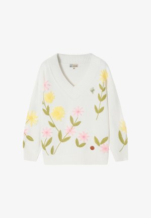 Witte gebreide trui met een V-hals, voorzien van gele en roze bloemembroderie en bladvormen. Geribde manchetten en zoom; klein bruin logolabel.