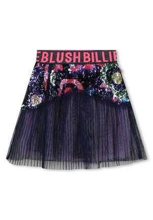 Jupe pour filles avec ceinture élastique rose portant l'inscription "BLUSH BILLIE", partie supérieure multicolore en sequins, et partie inférieure en tulle plissé noir transparent.