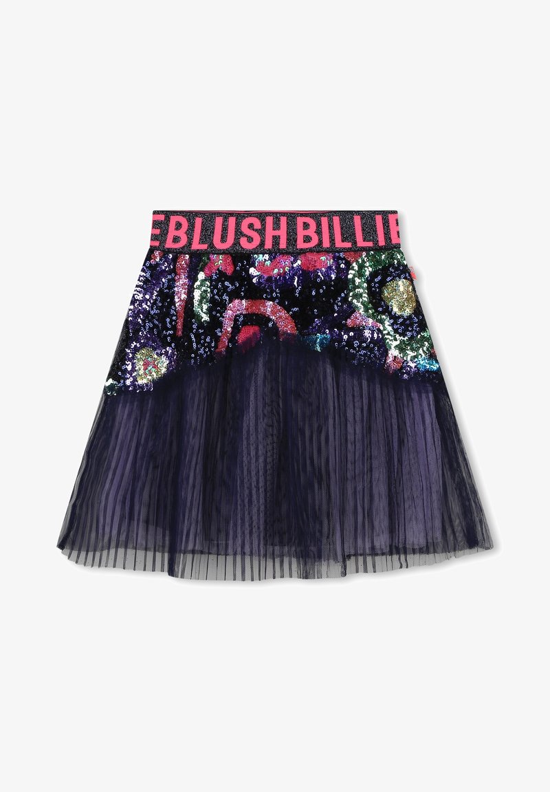 Jupe pour filles avec ceinture élastique rose portant l'inscription "BLUSH BILLIE", partie supérieure multicolore en sequins, et partie inférieure en tulle plissé noir transparent.
