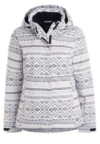 Veste d'hiver blanche avec des motifs géométriques noirs et gris, une capuche, une fermeture éclair frontale et des bandes ajustables aux poignets.