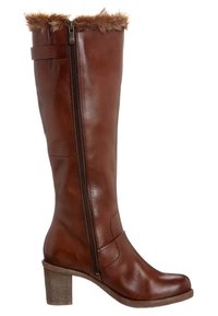 Stivale marrone in pelle fino al ginocchio con tacco marrone testurizzato, chiusura a zip sul lato e bordo in pelliccia sintetica in cima. Finitura della superficie liscia.