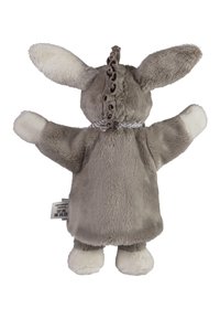 Plush rabbit toy with gray body, cream-like inner ears, and paws. Features a textured back with a ruffled accent and stitched details.