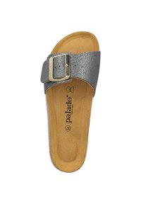 Gray metallic slide sandal with a wide strap, featuring a gold buckle, cork insole, and textured outer surface. Designed for comfort and style.