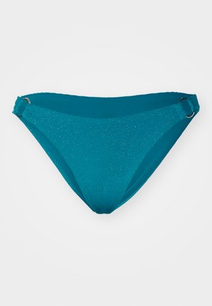 Teal bikini bukser med subtil ribbet tekstur og metalliske tråd accenter. Har ringe ved hofterne for justerbar pasform, klassisk trekantet form.