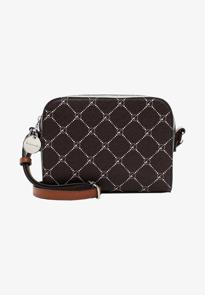 Sac bandoulière marron avec un motif en losange, des accents blancs et une finition texturée. Comprend une bandoulière marron détachable et des ferrures argentées.