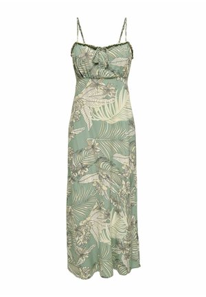 Green maxi dress featuring a tropical leaf and floral pattern, with adjustable spaghetti straps and a gathered bodice. Lightweight fabric.