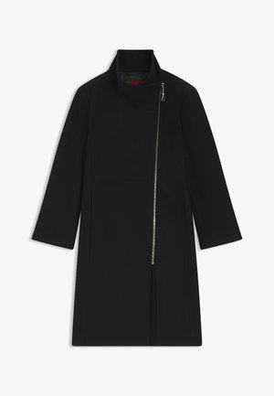 Black coat with a high collar, asymmetrical zip closure, and 3/4 sleeves. Smooth texture, structured design, featuring a side vent.