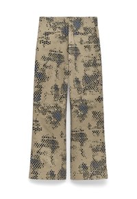 Beige wijde broek met een getextureerd patroon van blauwe en zwarte stippen. Het ontwerp heeft twee achterzakken en een gladde stoffen afwerking.