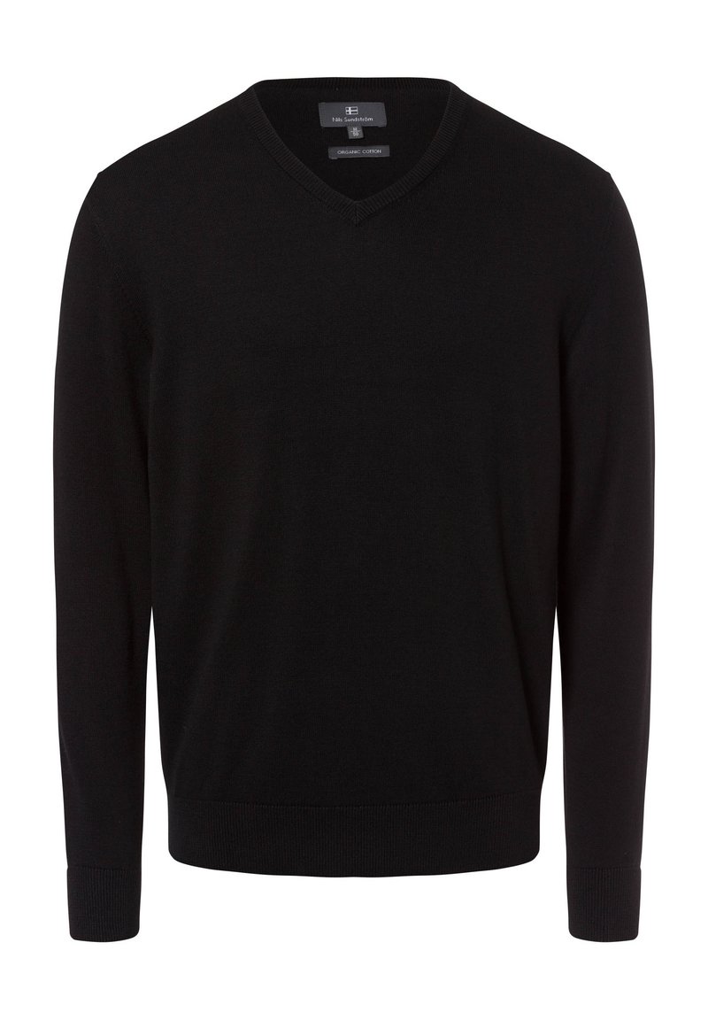 Black V-neck sweater made of organic cotton, featuring long sleeves and ribbed cuffs and hem, smooth texture without patterns or accents.