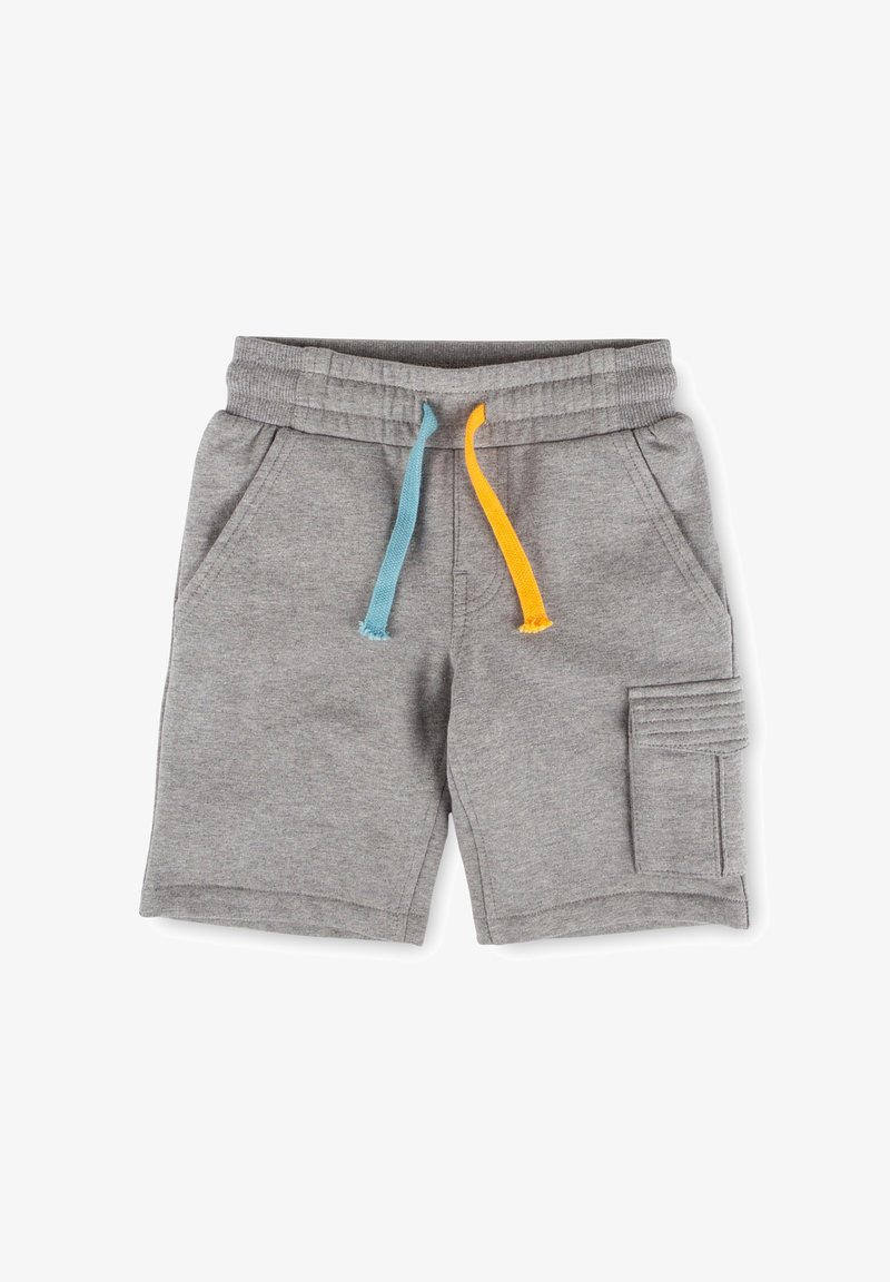 Shorts gris pour tout-petit avec ceinture élastique, cordons bleus et jaunes, poches avant, et une poche cargo à rabat sur la jambe droite.