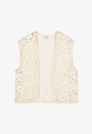 Gehäkelte Weste in Creme mit offenem Vorderteil, floralem Muster und ohne Ärmel. Verfügt über eine weiche Textur und ein zartes, spitzenartiges Design.