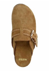 Brown suede slide sandal with a wide strap, featuring decorative stitching and a gold-tone buckle. Soft texture with a flat sole.