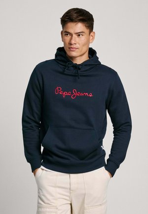 Sudadera marina con el logotipo bordado en rojo de "Pepe Jeans", capucha con cordón, bolsillo frontal y puños acanalados. Fabricada con un material suave.