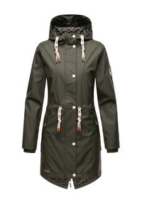 Long, green raincoat with a hood, featuring white drawstrings and toggle accents. Snap buttons and a patterned interior lining.