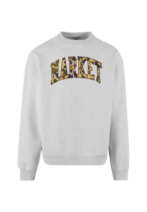 Gray sweatshirt with a rounded neckline, raglan sleeves, and the word "MARKET" in camo-style lettering across the chest.
