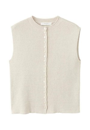 Cárdigan sin mangas de punto color beige con escote redondo y una fila única de pequeños botones a juego en la parte delantera.