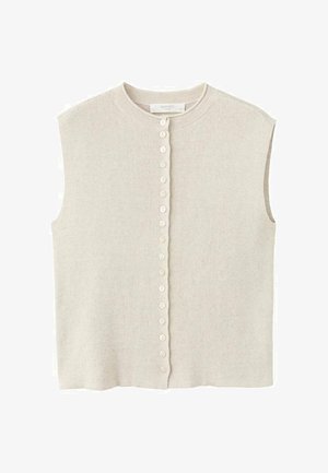 Cárdigan sin mangas de punto color beige con escote redondo y una fila única de pequeños botones a juego en la parte delantera.