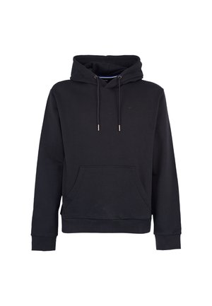 Czarna bluza z kapturem typu pullover z przednią kieszenią kangurzą i regulowanym sznurkiem kaptura, pokazana na jednolitym białym tle.