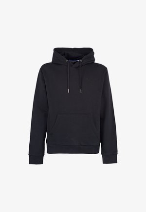 Czarna bluza z kapturem typu pullover z przednią kieszenią kangurzą i regulowanym sznurkiem kaptura, pokazana na jednolitym białym tle.