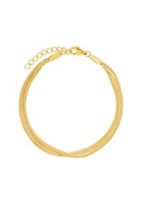 Bracciale d'oro con catene a rete sovrapposte, dotato di chiusura a moschettone e catena regolabile per una maggiore flessibilità nella misura. Texture liscia e finitura lucida.