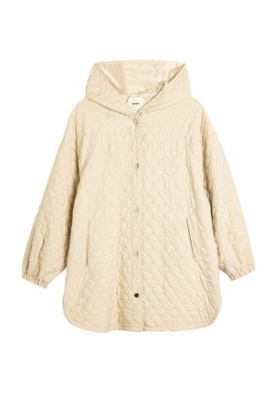 Beige quilted jacket with a hood, featuring a snap button closure, elasticized cuffs, and side pockets. Smooth inner lining.