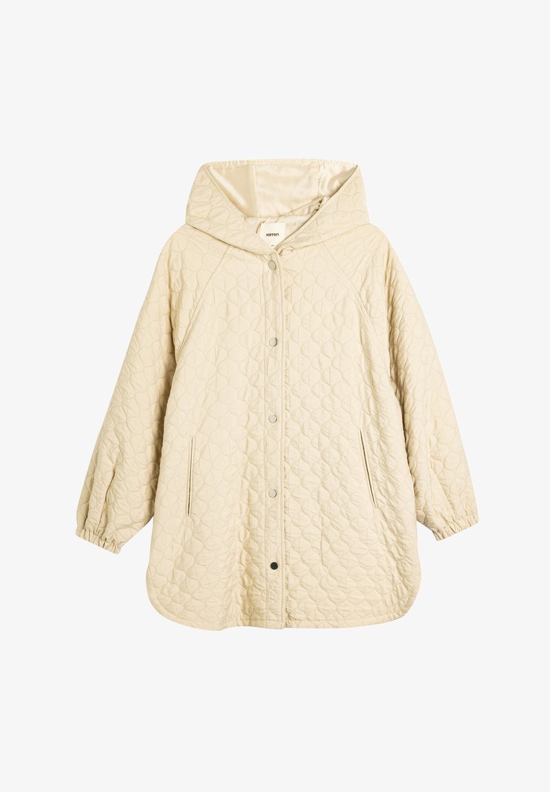 Veste matelassée beige avec capuche, dotée d'une fermeture à pression, de poignet élastiques et de poches latérales. Doublure intérieure lisse.