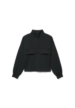 Pullover nero a maniche lunghe con collo alto, mezza zip, ampia patta orizzontale sul petto e polsini elastici.