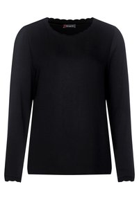 Svart långärmad topp med scallopad halsringning och manschetter, tillverkad av ett mjukt tyg, med en enkel, klassisk design.