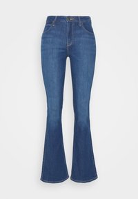 Jean en denim bleu taille haute avec jambes évasées, poches avant, passants pour ceinture et fermeture par bouton à la taille.