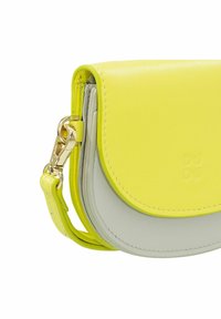 Yellow and gray leather wallet with a curved design, featuring a gold-colored clasp and a smooth texture. Brand logo embossed on front.