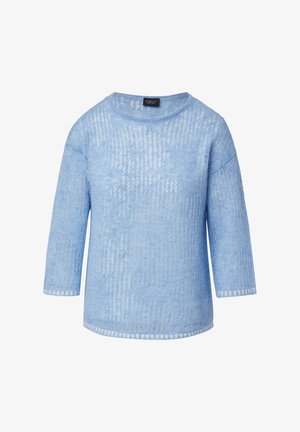 Lichtblauwe sweater met driekwartmouwen, textuurpatroon, ronde hals en een relaxte pasvorm. Gemaakt van zachte, lichte materialen.
