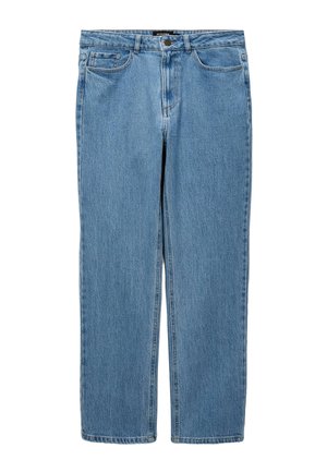 Jean en denim bleu clair avec une coupe droite, un design à cinq poches, des coutures visibles et une fermeture à bouton à la taille.
