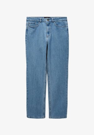 Jean en denim bleu clair avec une coupe droite, un design à cinq poches, des coutures visibles et une fermeture à bouton à la taille.