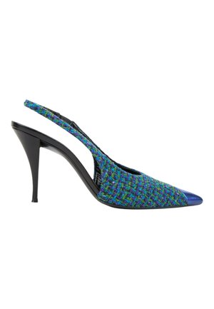 Spitz zulaufender Slingback-Pumps mit hohem Absatz, bezogen mit blau-grünem gewebtem Stoff, glänzender blauer Metallspitze und schwarzem Absatz.
