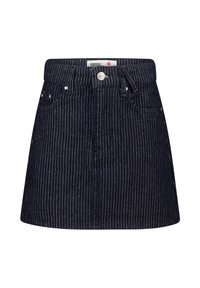 Dark denim skirt featuring white vertical stripes, five-pocket design, button closure, and belt loops. Ends above the knee.