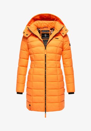 Orange puffer coat with a zip front, hood, and ribbed cuffs. Features quilted design and a logo patch on the left sleeve.