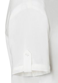 White shirt featuring a rolled-up sleeve secured with a button, made from a smooth fabric with a subtle sheen. Clean, minimalist design.