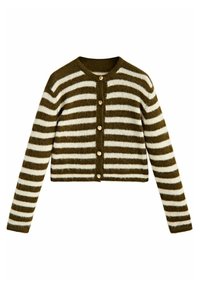 Ruskea ja valkoinen vaakaraitainen villatakki, jossa on pitkät hihat ja viisi vaaleanbeigeä nappia edessä.